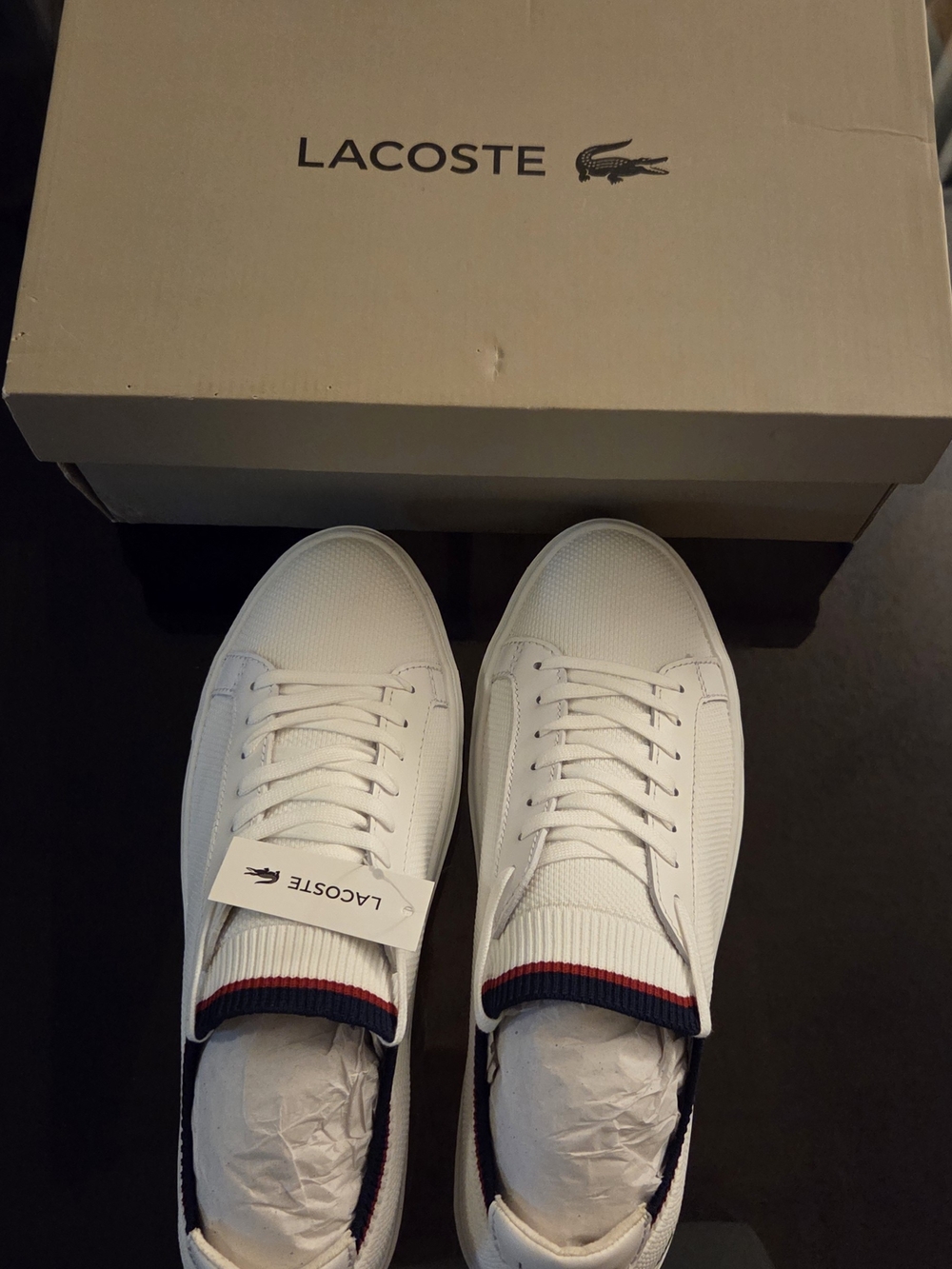 Lacoste White Low-Top Sneakers with Navy & Red Ribbed Trim